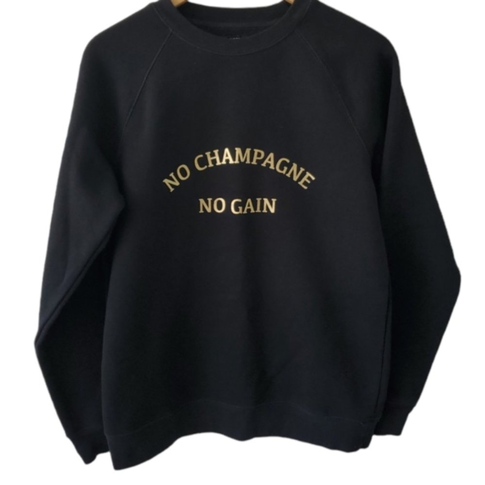 Brunette the Label No Champagne No Gain Gold Print Black Crewneck Sweater Sz S/M